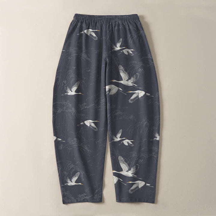 Buddha Stones Pure Cotton White Crane Pine Pattern Drawstring Men's Tapered Pants With Pockets - image 14