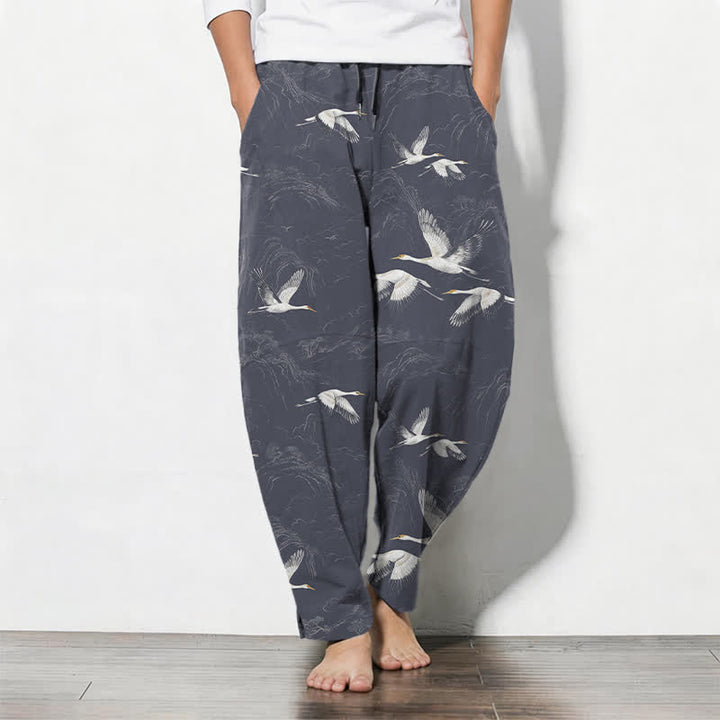 Buddha Stones Pure Cotton White Crane Pine Pattern Drawstring Men's Tapered Pants With Pockets - SlateGray - US/UK/AU50，EU60 (5XL) - image 11