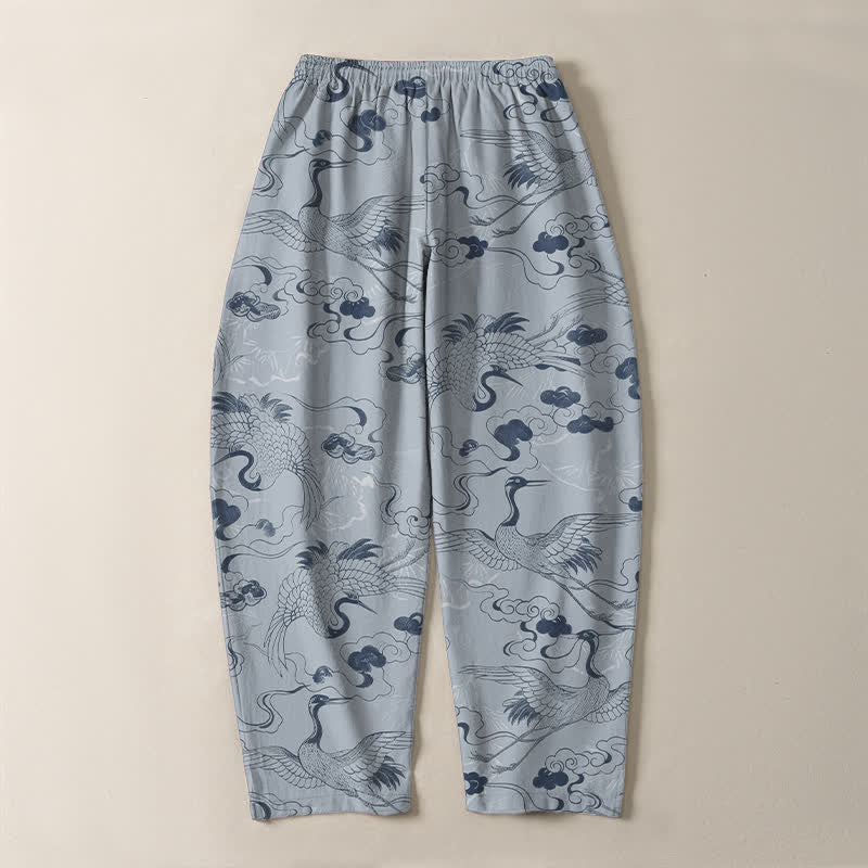 Buddha Stones Pure Cotton Crane Cloud Pattern Drawstring Men's Tapered Pants With Pockets - image 3