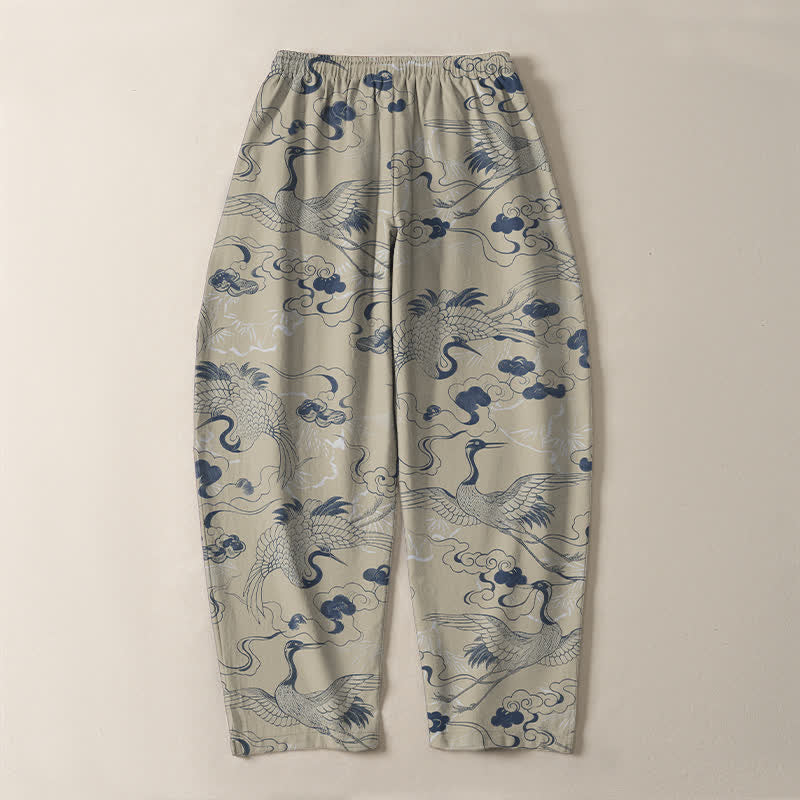 Buddha Stones Pure Cotton Crane Cloud Pattern Drawstring Men's Tapered Pants With Pockets - image 10
