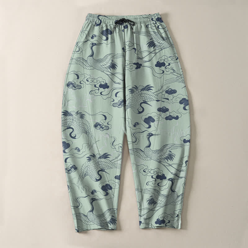 Buddha Stones Pure Cotton Crane Cloud Pattern Drawstring Men's Tapered Pants With Pockets - image 13
