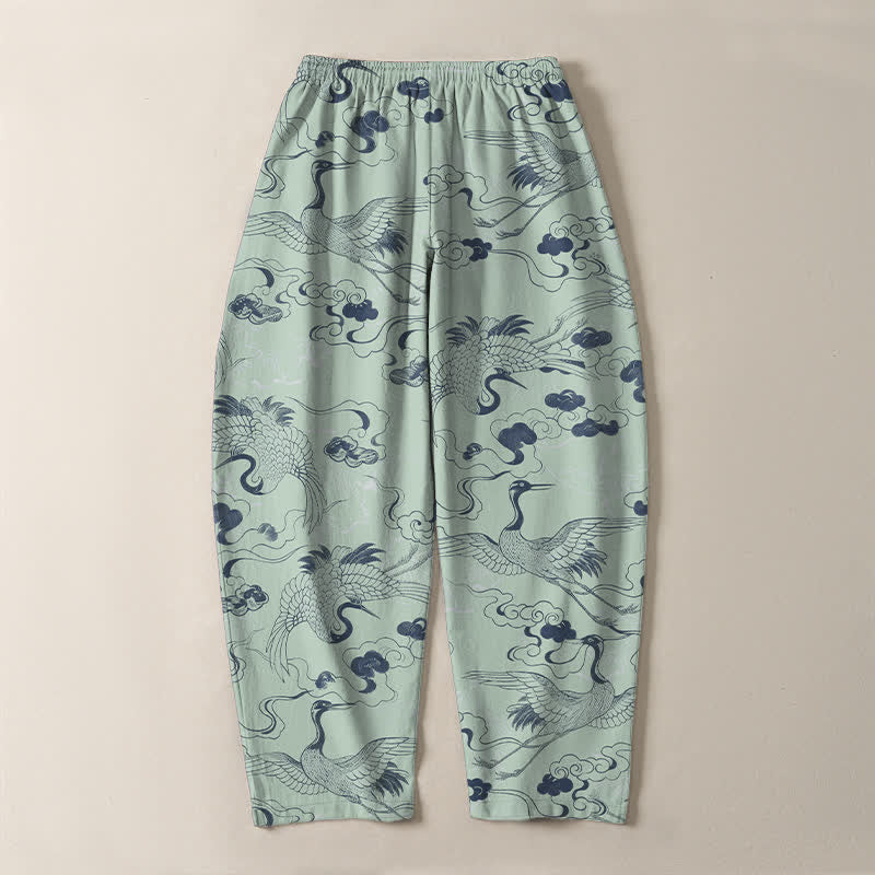 Buddha Stones Pure Cotton Crane Cloud Pattern Drawstring Men's Tapered Pants With Pockets - image 14
