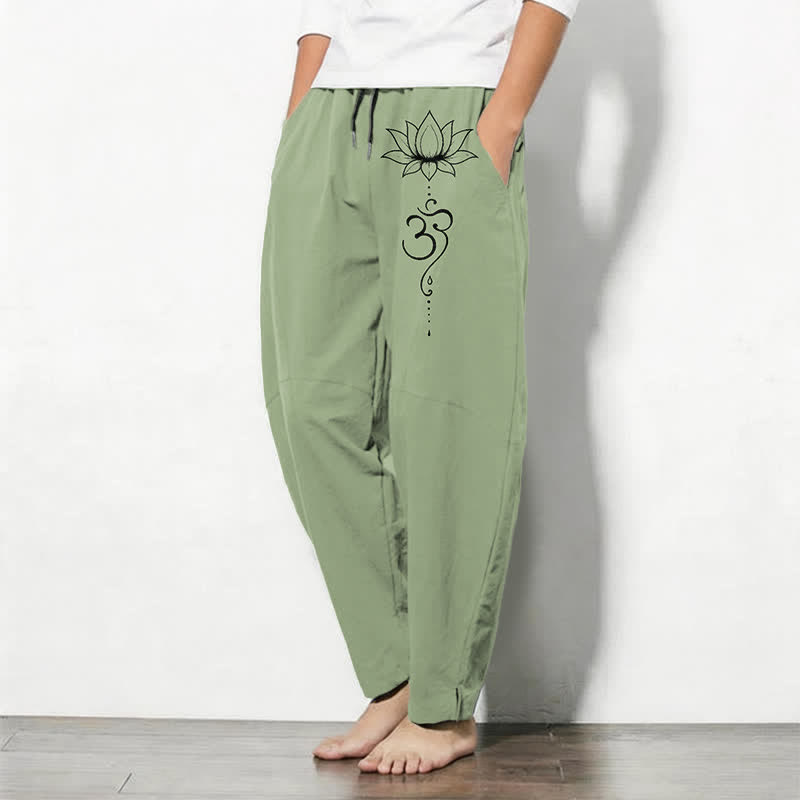 Buddha Stones Pure Cotton Lotus Om Pattern Drawstring Men's Tapered Pants With Pockets - image 8