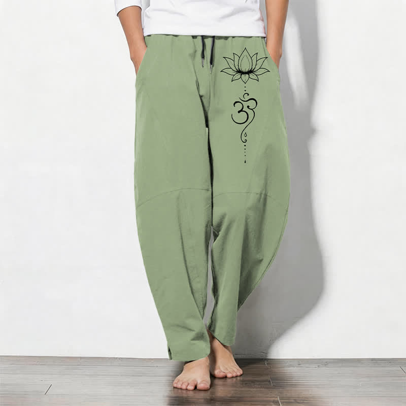Buddha Stones Pure Cotton Lotus Om Pattern Drawstring Men's Tapered Pants With Pockets - PaleGreen - US/UK/AU50，EU60 (5XL) - image 7
