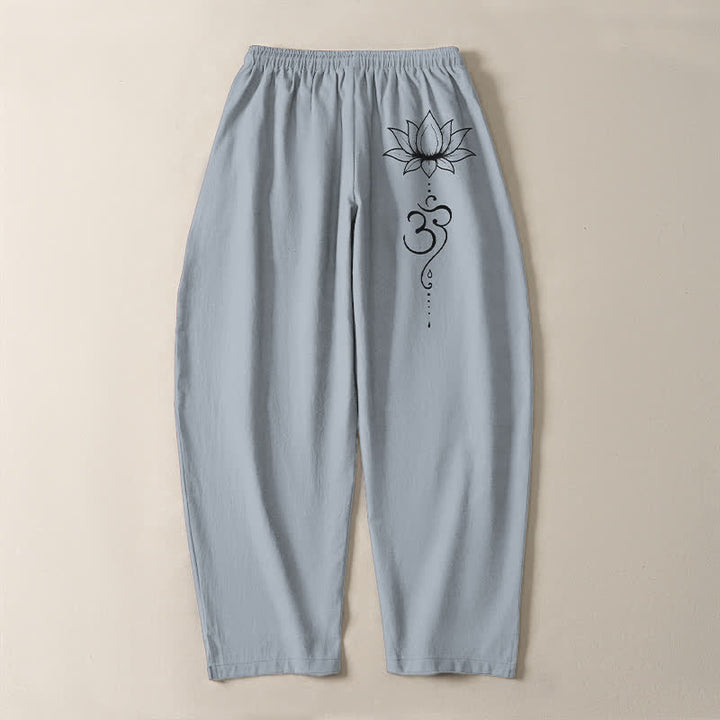 Buddha Stones Pure Cotton Lotus Om Pattern Drawstring Men's Tapered Pants With Pockets - image 14
