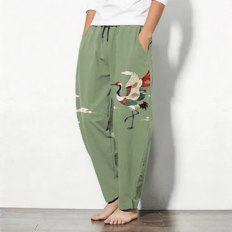 Buddha Stones Pure Cotton Multicolor Crane Cloud Pattern Drawstring Men's Tapered Pants With Pockets - image 8