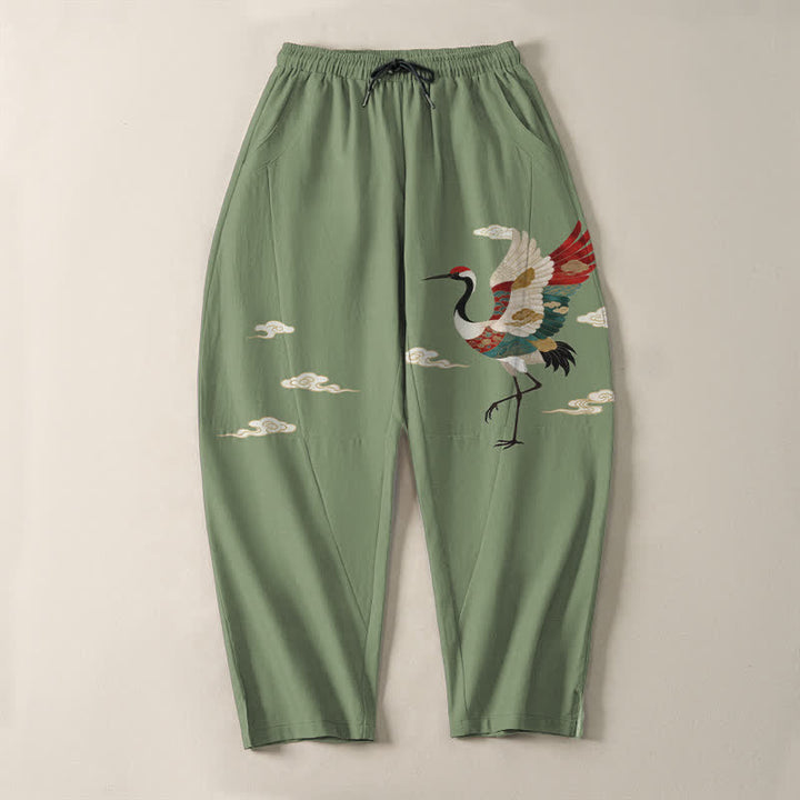 Buddha Stones Pure Cotton Multicolor Crane Cloud Pattern Drawstring Men's Tapered Pants With Pockets - image 9
