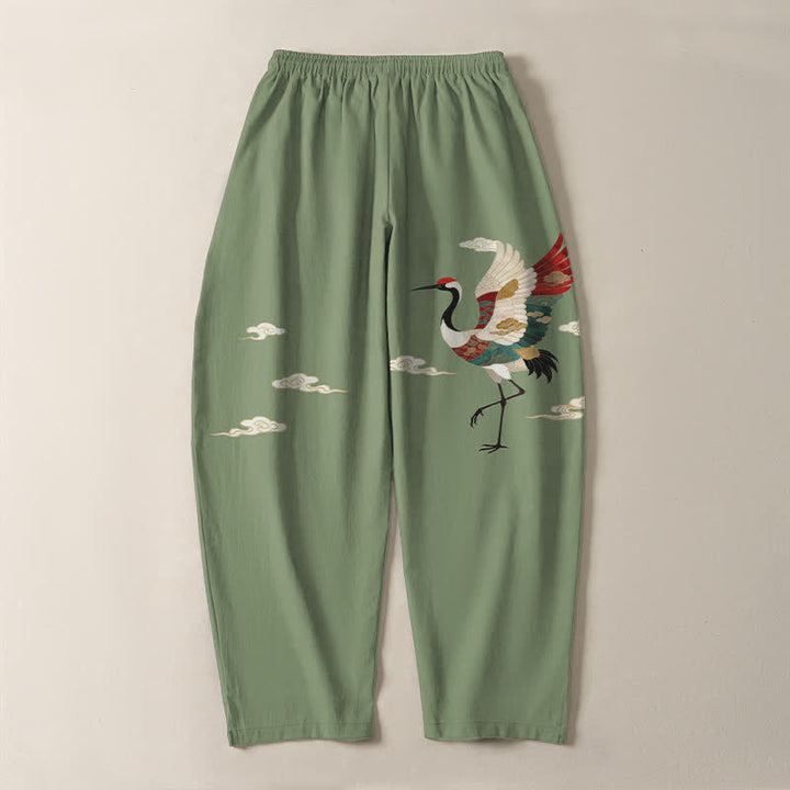 Buddha Stones Pure Cotton Multicolor Crane Cloud Pattern Drawstring Men's Tapered Pants With Pockets - image 10