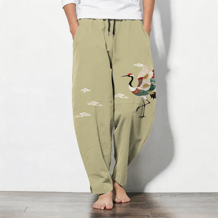 Buddha Stones Pure Cotton Multicolor Crane Cloud Pattern Drawstring Men's Tapered Pants With Pockets - DarkKhaki - US/UK/AU50，EU60 (5XL) - image 11