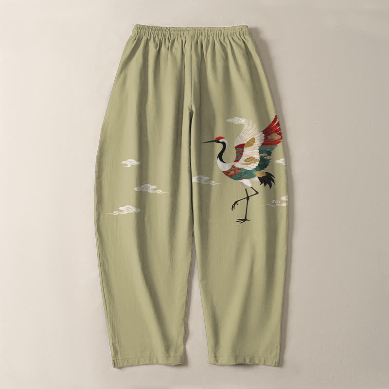 Buddha Stones Pure Cotton Multicolor Crane Cloud Pattern Drawstring Men's Tapered Pants With Pockets - image 14