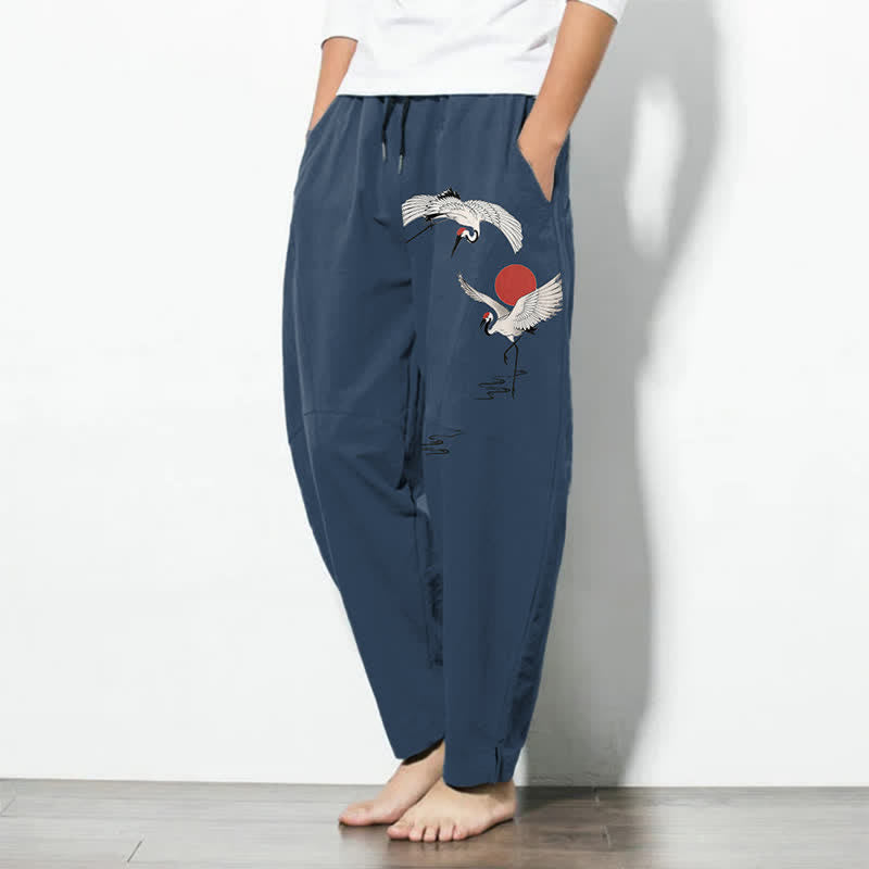 Buddha Stones Pure Cotton Crane Red Sun Pattern Drawstring Men's Tapered Pants With Pockets - image 1
