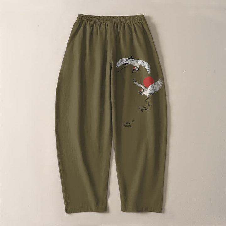 Buddha Stones Pure Cotton Crane Red Sun Pattern Drawstring Men's Tapered Pants With Pockets - image 10
