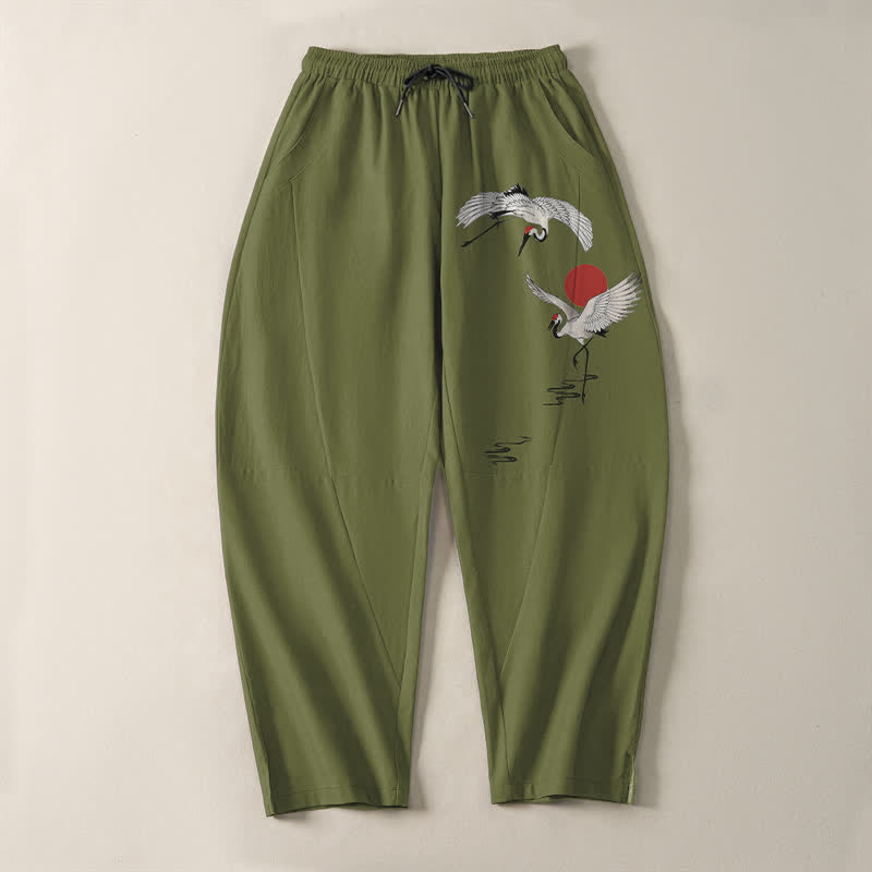Buddha Stones Pure Cotton Crane Red Sun Pattern Drawstring Men's Tapered Pants With Pockets - image 13