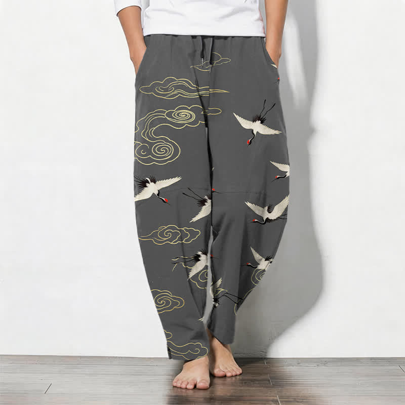 Buddha Stones Pure Cotton White Red-crowned Crane Clouds Pattern Drawstring Men's Tapered Pants With Pockets - DimGray - US/UK/AU50，EU60 (5XL) - image 0