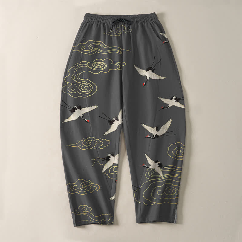 Buddha Stones Pure Cotton White Red-crowned Crane Clouds Pattern Drawstring Men's Tapered Pants With Pockets - image 2
