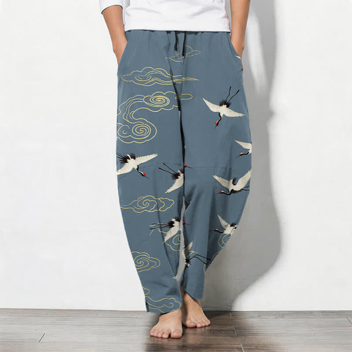 Buddha Stones Pure Cotton White Red-crowned Crane Clouds Pattern Drawstring Men's Tapered Pants With Pockets - LightSteelBlue - US/UK/AU50，EU60 (5XL) - image 7