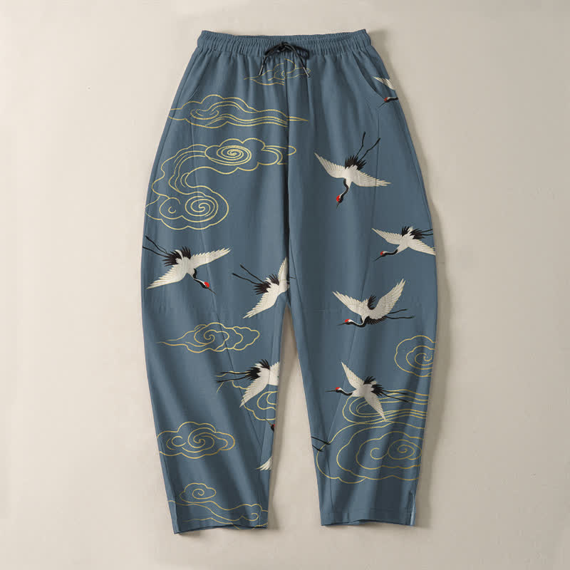 Buddha Stones Pure Cotton White Red-crowned Crane Clouds Pattern Drawstring Men's Tapered Pants With Pockets - image 9