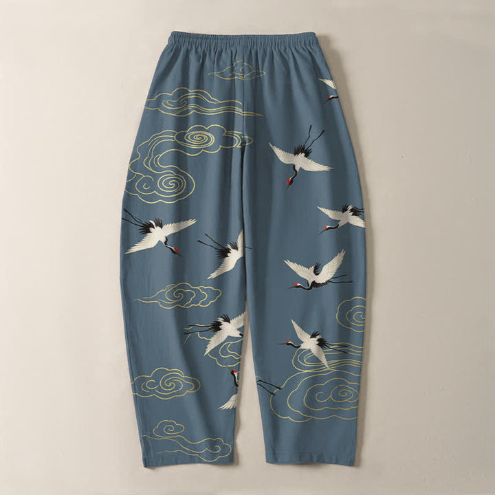 Buddha Stones Pure Cotton White Red-crowned Crane Clouds Pattern Drawstring Men's Tapered Pants With Pockets - image 10