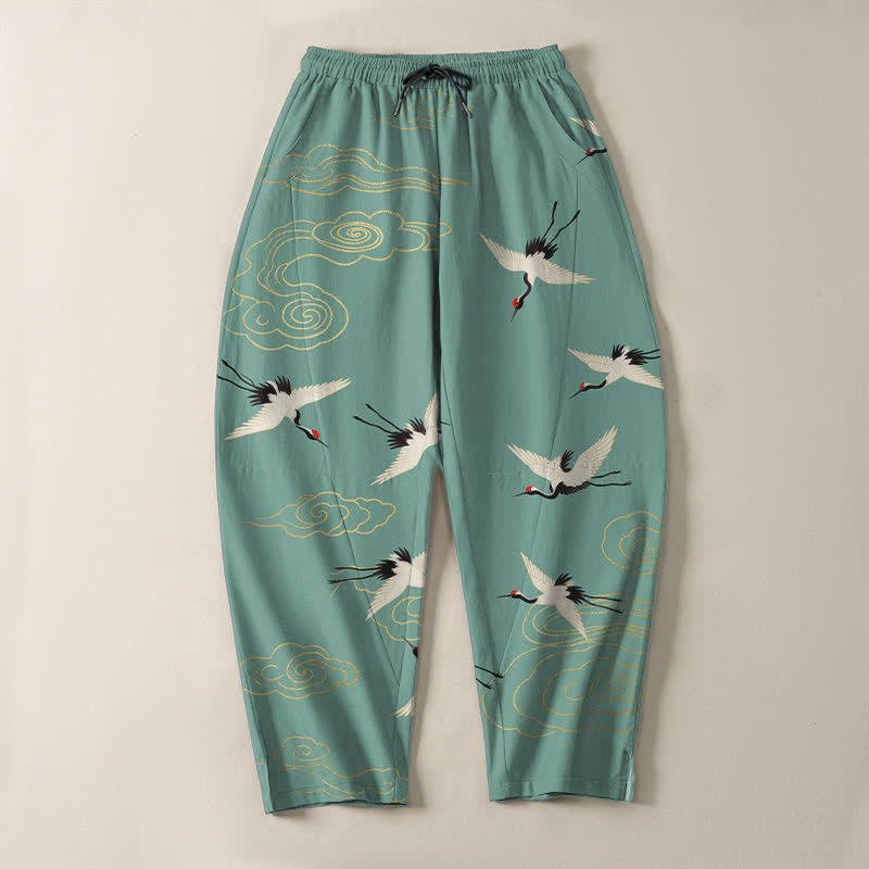 Buddha Stones Pure Cotton White Red-crowned Crane Clouds Pattern Drawstring Men's Tapered Pants With Pockets - image 13