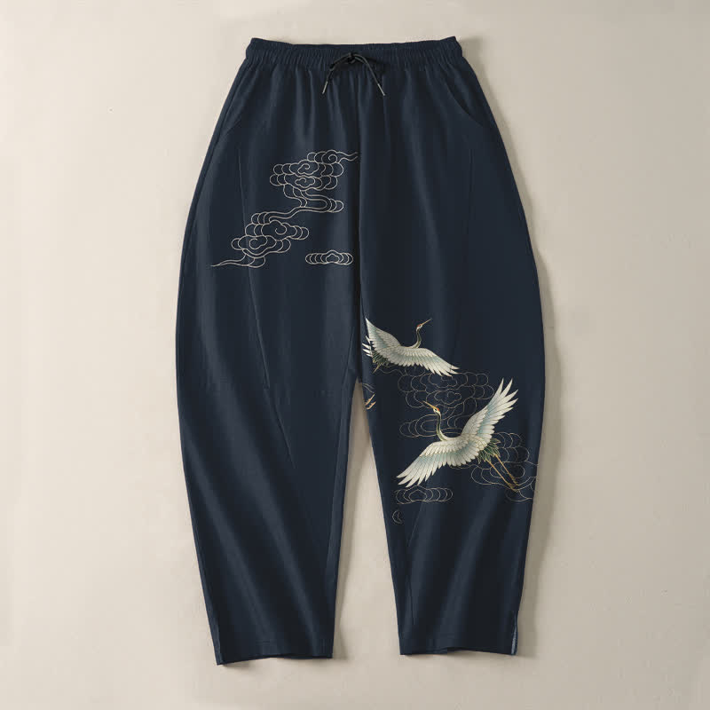 Buddha Stones Pure Cotton White Crane Clouds Pattern Drawstring Men's Tapered Pants With Pockets - image 9