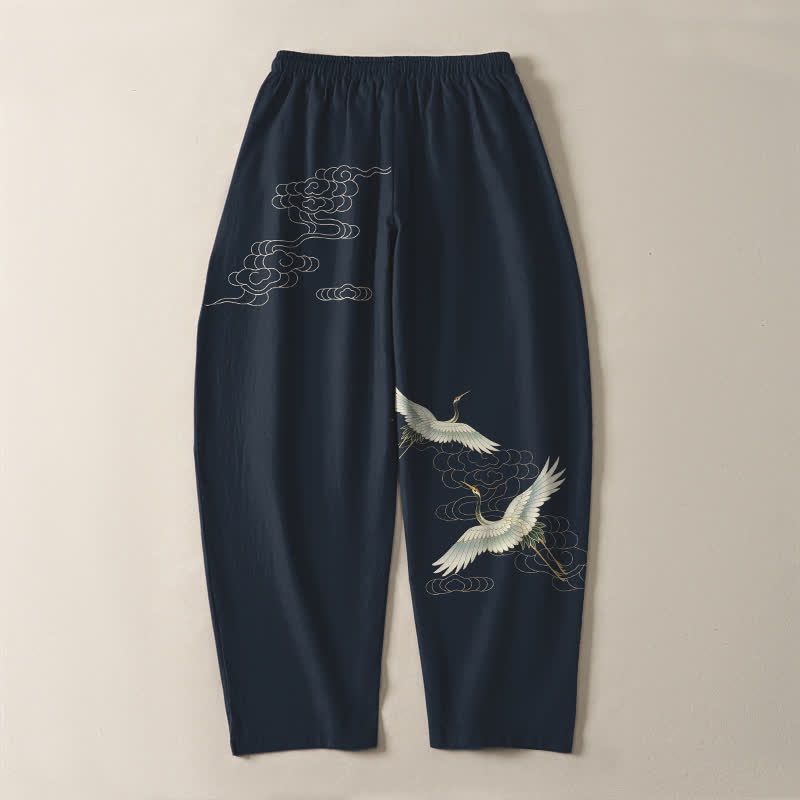 Buddha Stones Pure Cotton White Crane Clouds Pattern Drawstring Men's Tapered Pants With Pockets - image 10