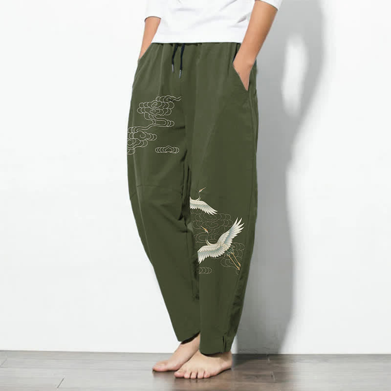 Buddha Stones Pure Cotton White Crane Clouds Pattern Drawstring Men's Tapered Pants With Pockets - image 12