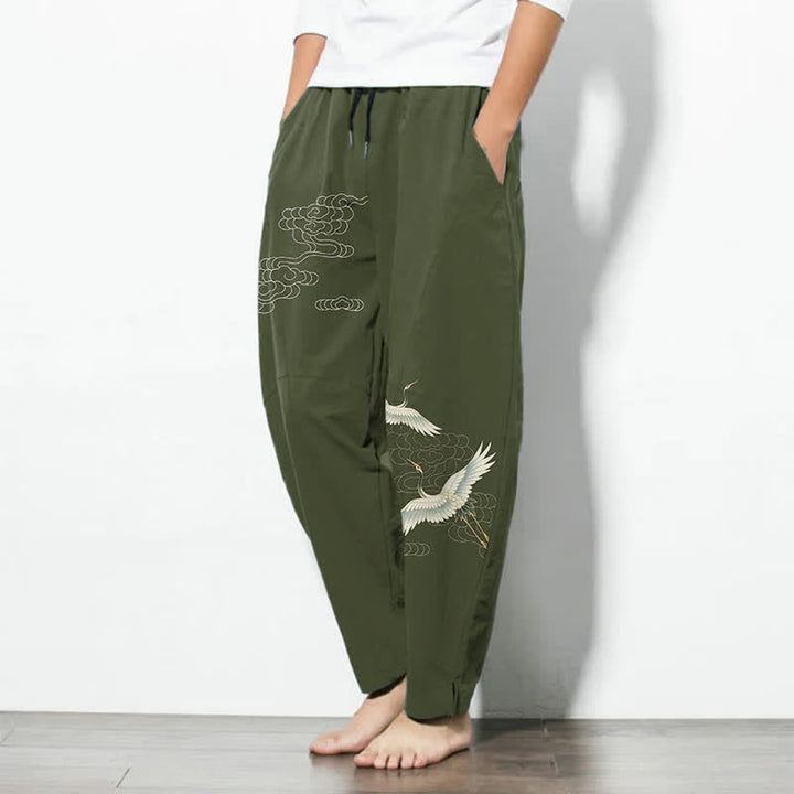 Buddha Stones Pure Cotton White Crane Clouds Pattern Drawstring Men's Tapered Pants With Pockets - image 12