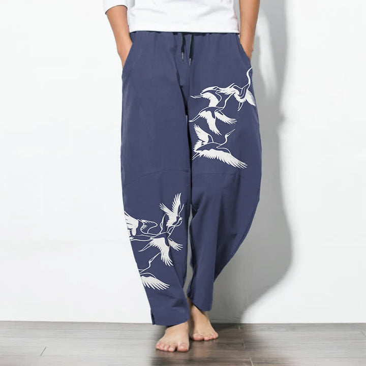 Buddha Stones Pure Cotton Flying Crane Pattern Drawstring Men's Tapered Pants With Pockets - SteelBlue - US/UK/AU50，EU60 (5XL) - image 0