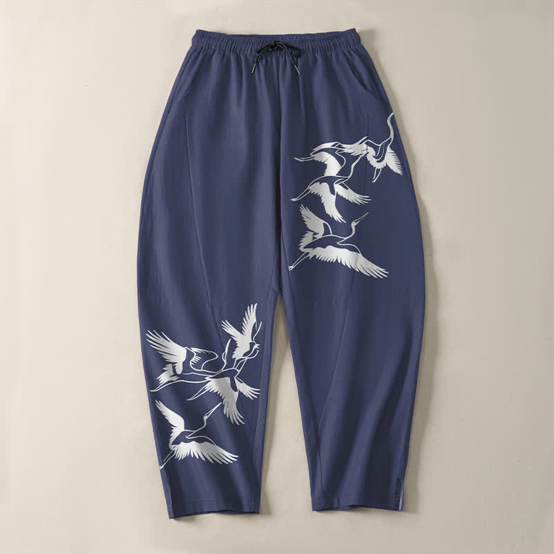 Buddha Stones Pure Cotton Flying Crane Pattern Drawstring Men's Tapered Pants With Pockets - image 2