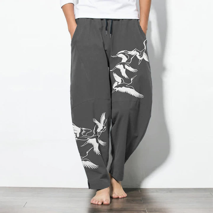 Buddha Stones Pure Cotton Flying Crane Pattern Drawstring Men's Tapered Pants With Pockets - DimGray - US/UK/AU50，EU60 (5XL) - image 7