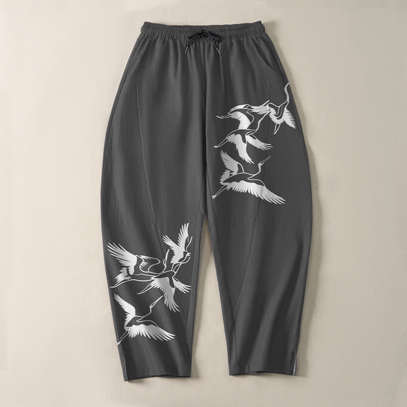 Buddha Stones Pure Cotton Flying Crane Pattern Drawstring Men's Tapered Pants With Pockets - image 9