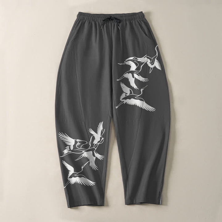 Buddha Stones Pure Cotton Flying Crane Pattern Drawstring Men's Tapered Pants With Pockets - image 9