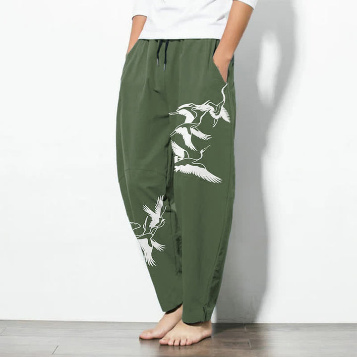 Buddha Stones Pure Cotton Flying Crane Pattern Drawstring Men's Tapered Pants With Pockets - image 12