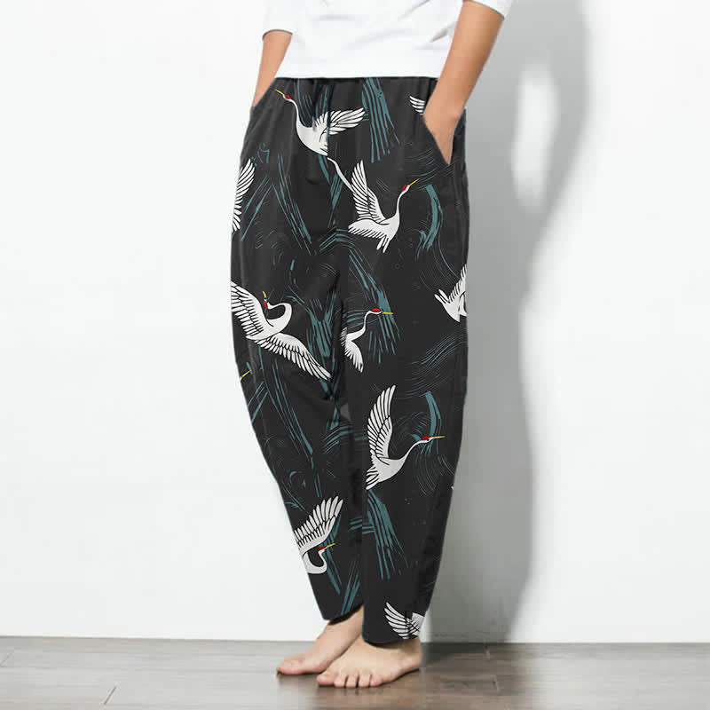 Buddha Stones Pure Cotton Black White Crane Pattern Drawstring Men's Tapered Pants With Pockets - image 1
