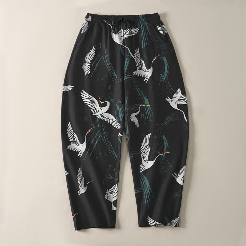 Buddha Stones Pure Cotton Black White Crane Pattern Drawstring Men's Tapered Pants With Pockets - image 2