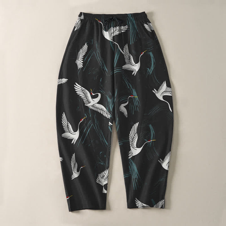 Buddha Stones Pure Cotton Black White Crane Pattern Drawstring Men's Tapered Pants With Pockets - image 2