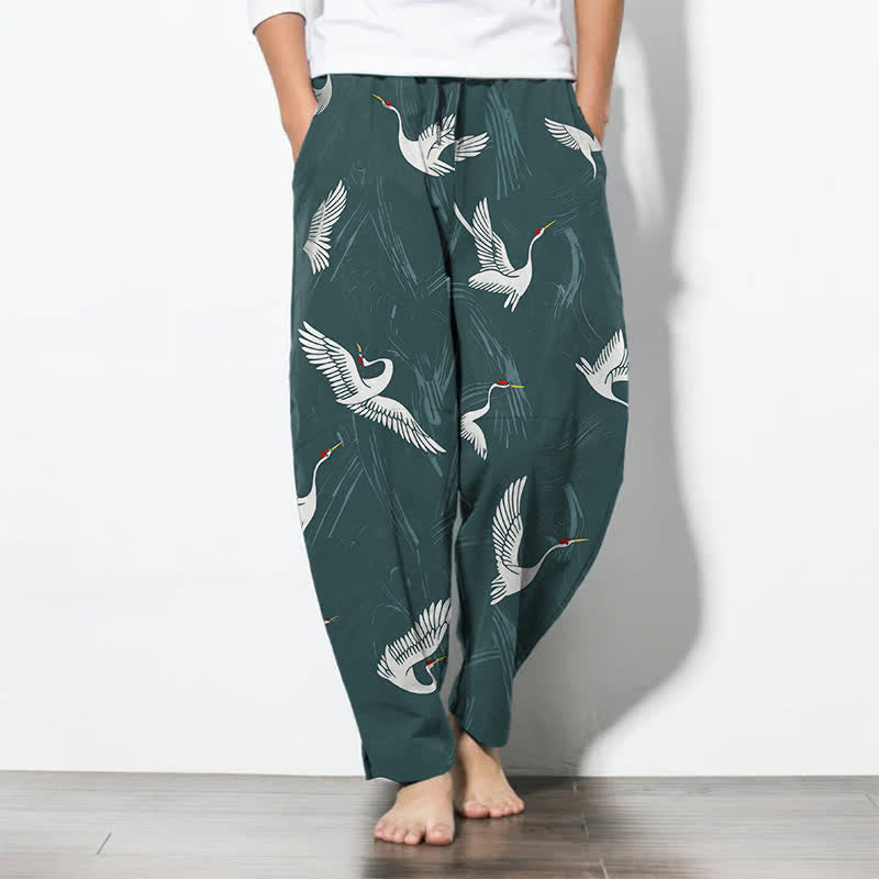 Buddha Stones Pure Cotton Black White Crane Pattern Drawstring Men's Tapered Pants With Pockets - CadetBlue - US/UK/AU50，EU60 (5XL) - image 7