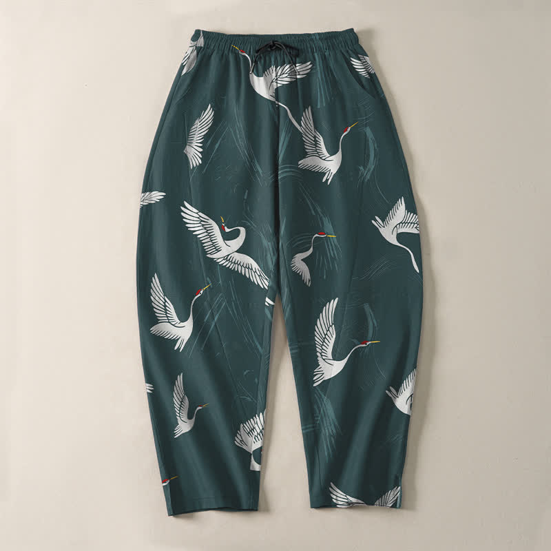 Buddha Stones Pure Cotton Black White Crane Pattern Drawstring Men's Tapered Pants With Pockets - image 9
