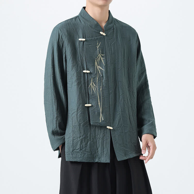 Buddha Stones Spring Tang Style Vintage Mandarin Collar Frog Button Bamboo Embroidery Men's Long Sleeve Shirts - image 1