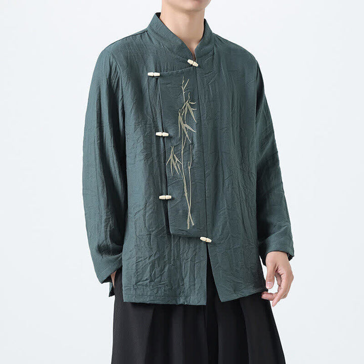 Buddha Stones Spring Tang Style Vintage Mandarin Collar Frog Button Bamboo Embroidery Men's Long Sleeve Shirts - image 1
