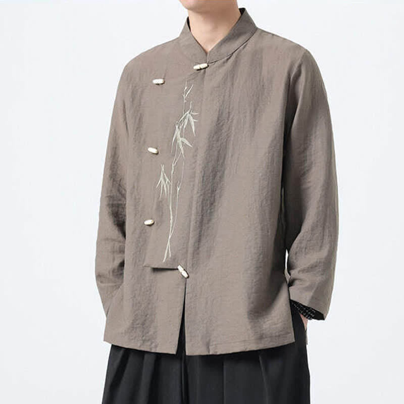 Buddha Stones Spring Tang Style Vintage Mandarin Collar Frog Button Bamboo Embroidery Men's Long Sleeve Shirts - image 15