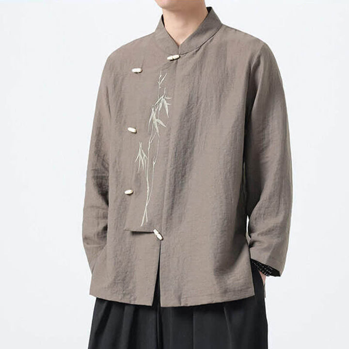 Buddha Stones Spring Tang Style Vintage Mandarin Collar Frog Button Bamboo Embroidery Men's Long Sleeve Shirts - image 15
