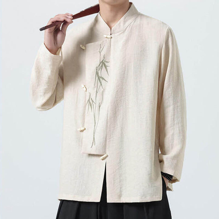 Buddha Stones Spring Tang Style Vintage Mandarin Collar Frog Button Bamboo Embroidery Men's Long Sleeve Shirts - image 22