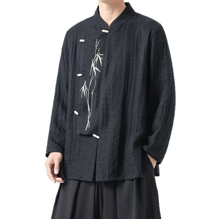Buddha Stones Spring Tang Style Vintage Mandarin Collar Frog Button Bamboo Embroidery Men's Long Sleeve Shirts - image 8