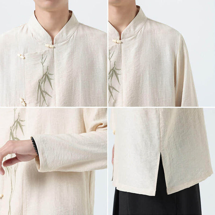 Buddha Stones Spring Tang Style Vintage Mandarin Collar Frog Button Bamboo Embroidery Men's Long Sleeve Shirts - image 25