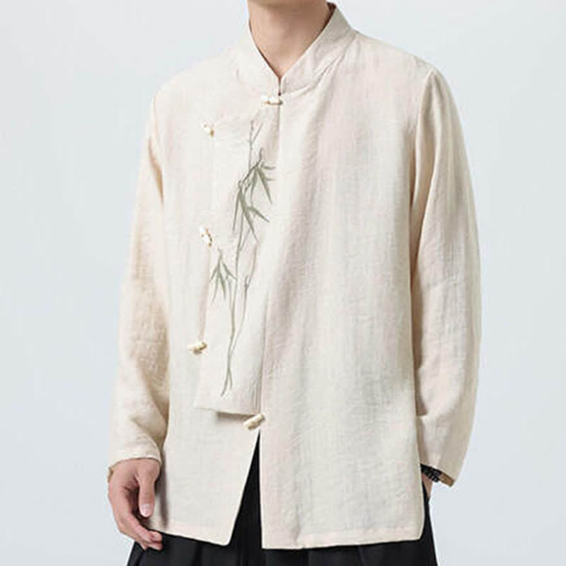 Buddha Stones Spring Tang Style Vintage Mandarin Collar Frog Button Bamboo Embroidery Men's Long Sleeve Shirts - image 23