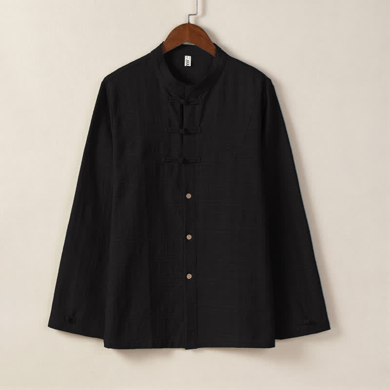 Buddha Stones Fall Winter Tang Style Vintage Mandarin Collar Frog Button Solid Men's Long Sleeve Shirts - Black - US/UK/AU46，EU56 (5XL) - image 2