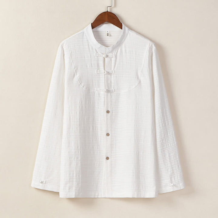 Buddha Stones Fall Winter Tang Style Vintage Mandarin Collar Frog Button Solid Men's Long Sleeve Shirts - White - US/UK/AU46，EU56 (5XL) - image 13