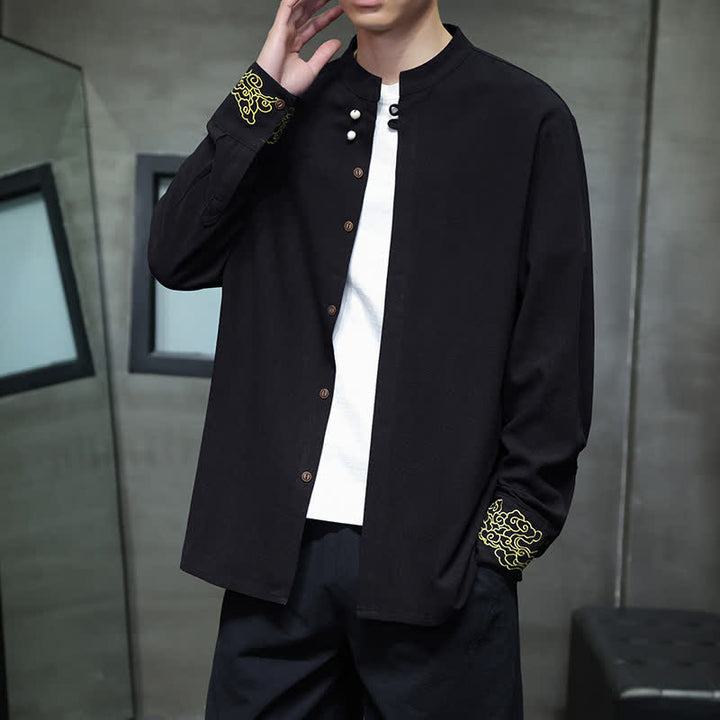 Buddha Stones Fall Winter Tang Style Casual Mandarin Collar Embroidery Auspicious Clouds Cuffs Solid Men's Long Sleeve Shirts - image 12