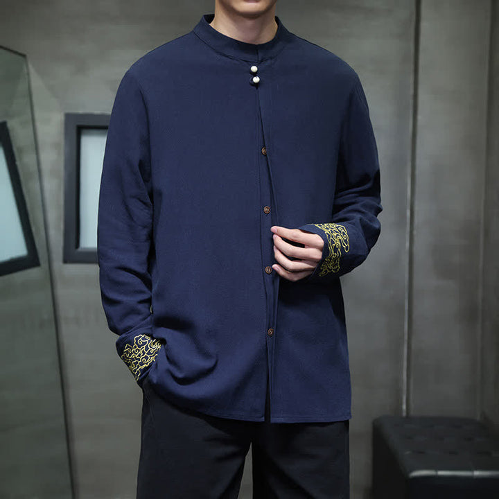 Buddha Stones Fall Winter Tang Style Casual Mandarin Collar Embroidery Auspicious Clouds Cuffs Solid Men's Long Sleeve Shirts - image 10